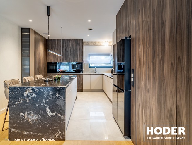 KÜCHENARBEITSPLATTE  Granite Satinato 464 and Waschtischplaten quartz conglomerate 8000, 2001, 505 and marmor 129